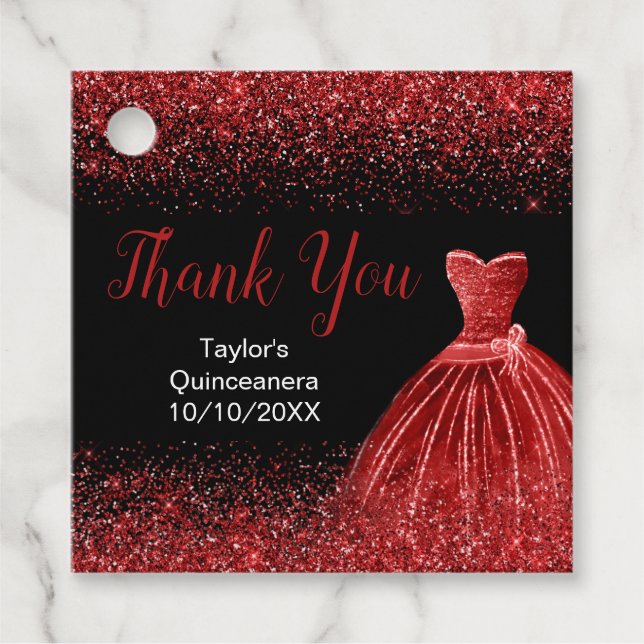 Étiquettes Cadeau Robe rouge vif Faux Parties scintillant Quinceaner (Devant)