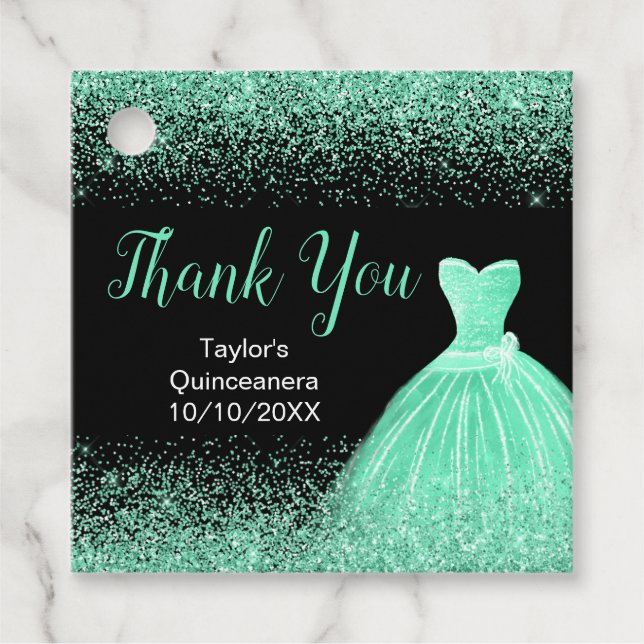 Étiquettes Cadeau Robe verte Quinceanera Mint Robe Faux Parties scin (Devant)