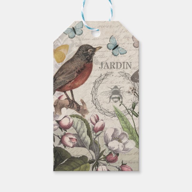 Étiquettes-cadeau Robin Elegant Bird Butterfly French Art (Devant)