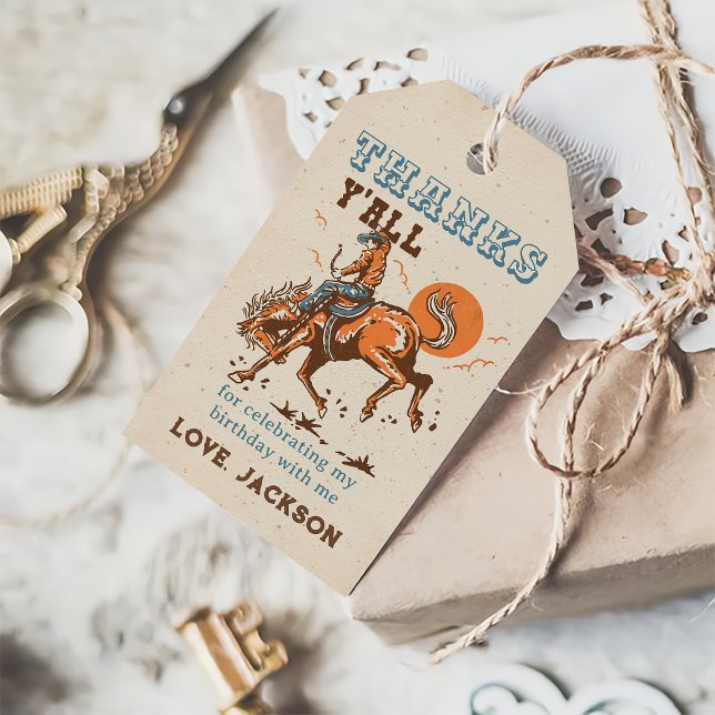 Étiquettes-cadeau Rodeo Western Cowboy Merci d'anniversaire (Créateur téléchargé)