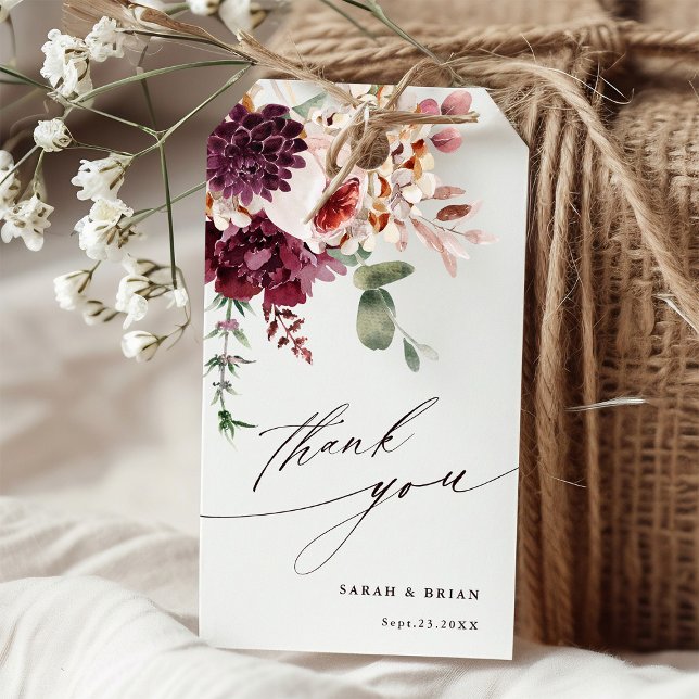 Étiquettes-cadeau Romance d'automne Élégant floral aquarelle Merci (Créateur téléchargé)