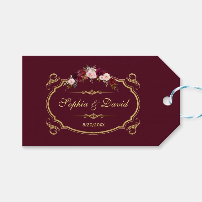 Étiquettes-cadeau Romantique Bourgogne Marsala Floral Mariage de aut (Devant (Horizontal))
