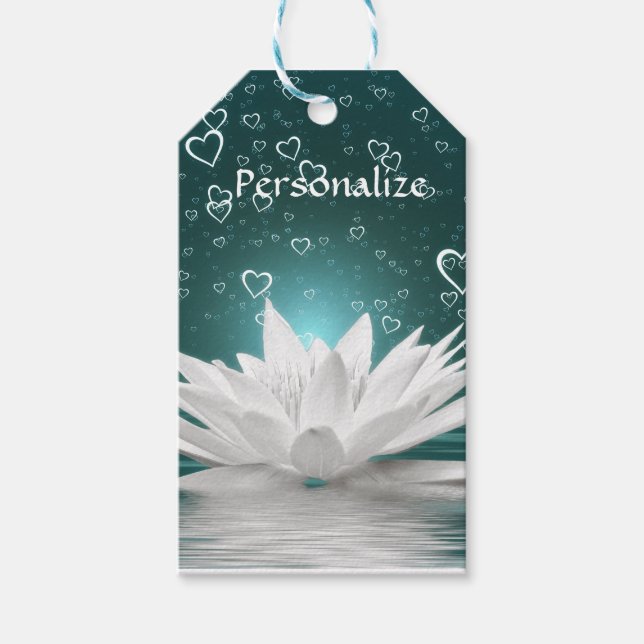 Étiquettes-cadeau Romantique Zen Blanc Lotus & Coeurs Personnaliser (Devant)