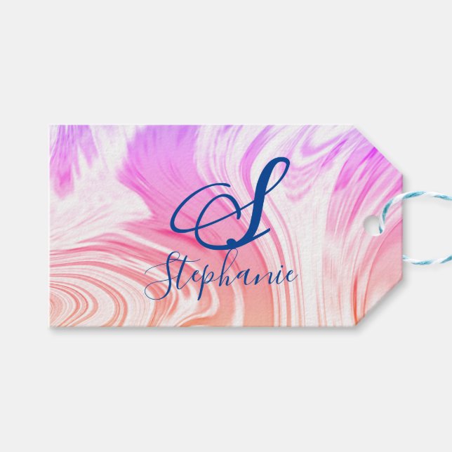 Étiquettes-cadeau Rose blanc Vague Abstraite fille Monograms mignonn (Devant (Horizontal))