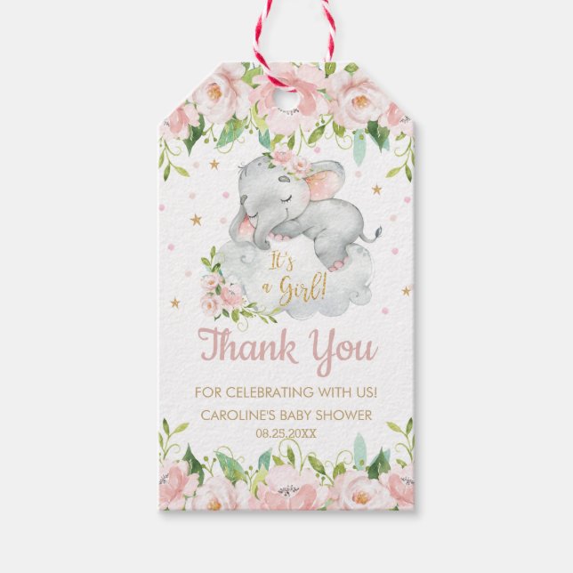 Étiquettes-cadeau Rose Blush Floral Baby Elephant Merci Favoriser (Devant)