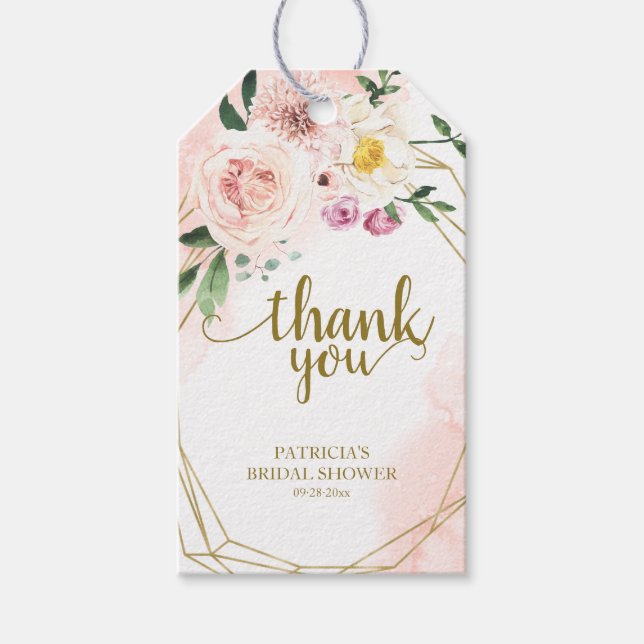 Étiquettes-cadeau Rose Blush Floral Or Géométrique Faveur Merci (Devant)