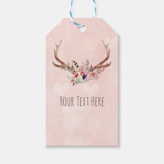 Étiquettes-cadeau Rose Blush Rose Floral Deer Antlers Boho Chic (Devant)