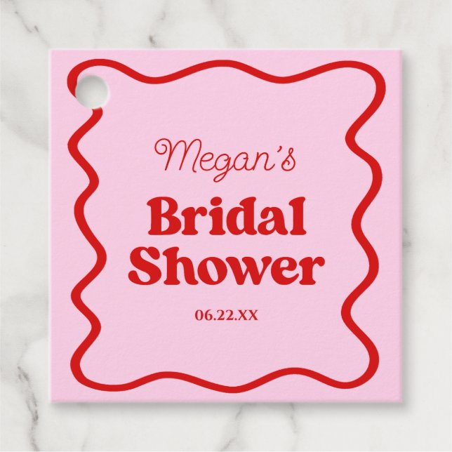 Étiquettes Cadeau Rose Bordure Ondulée Rouge Mariage (Devant)