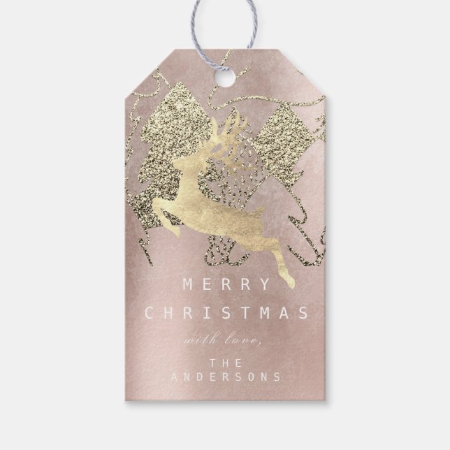 Étiquettes-cadeau Rose de vacances Gold Noël Reindeer Arbre en métal (Devant)