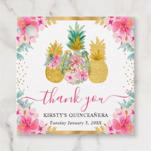 Étiquettes Cadeau Rose et Or Tropicale Pineapples Quinceanera