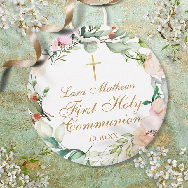 Étiquettes Cadeau Rose Garland Floral Première Communion Sainte (Rose Garland Floral First Holy Communion Favor Tags)