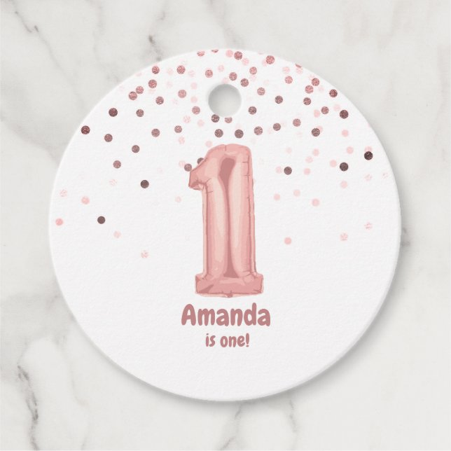 Étiquettes Cadeau Rose Gold Balloon Confetti 1er anniversaire fête (Devant)