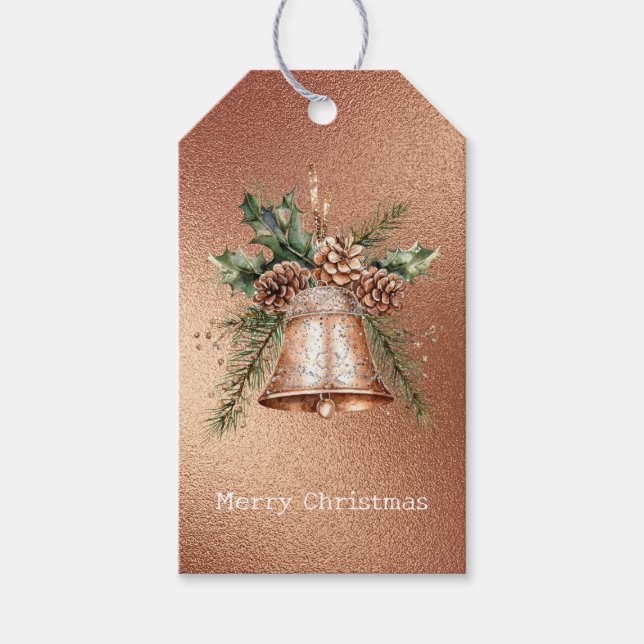 Étiquettes-cadeau Rose Gold Bronze de Noël Bell (Devant)