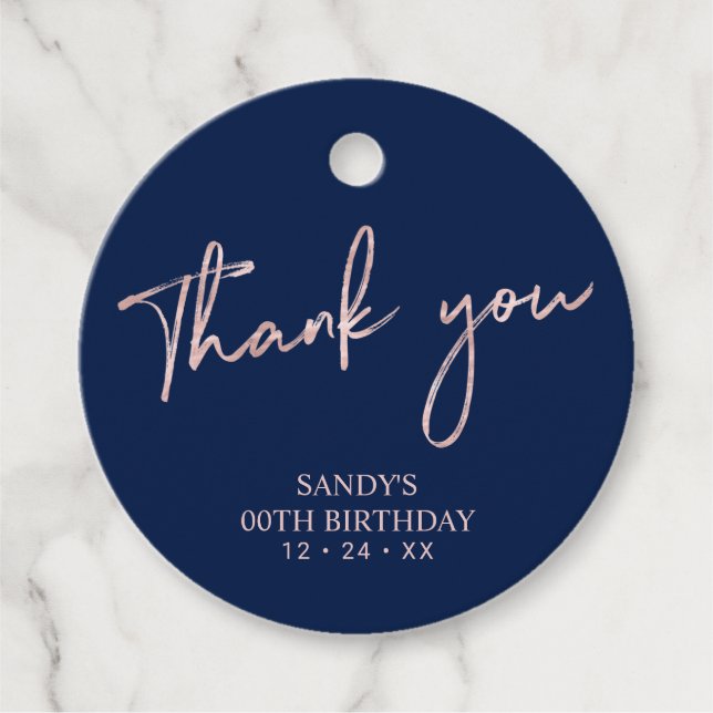 Étiquettes Cadeau Rose Gold Brush Script Anniversaire Merci de fête (Devant)
