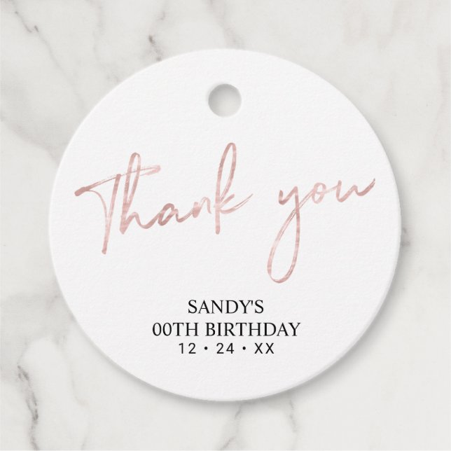 Étiquettes Cadeau Rose Gold Brush Script Anniversaire Merci de fête (Devant)