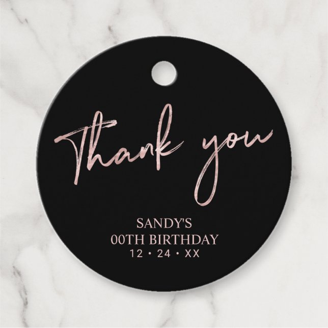 Étiquettes Cadeau Rose Gold Brush Script Anniversaire Merci Fa (Devant)