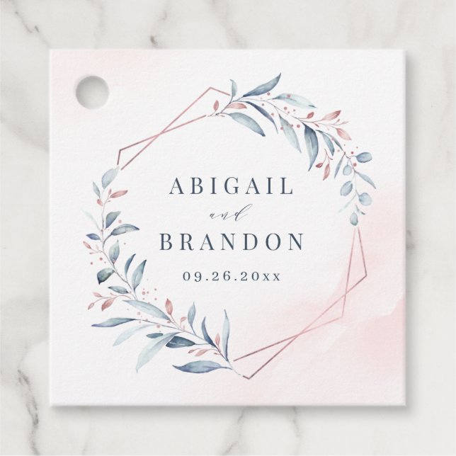Étiquettes Cadeau Rose Gold Dusty Blue Greenery Mariage géométrique (Devant)