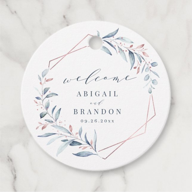 Étiquettes Cadeau Rose Gold Dusty Blue Greenery Mariage géométrique (Devant)