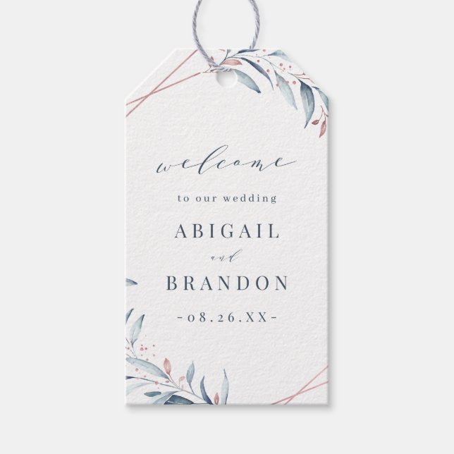 Étiquettes-cadeau Rose Gold Dusty Blue Greenery Mariage géométrique (Devant)