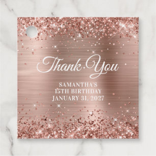 Étiquettes Cadeau Rose Gold Pailleté Monogramme Remerciement 15e Ann