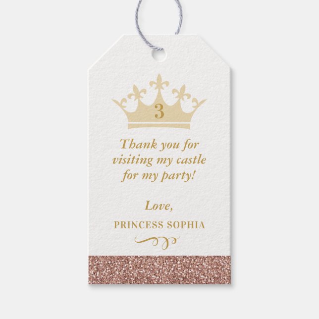 Étiquettes-cadeau Rose Gold Parties scintillant Princesse Crown Fave (Devant)