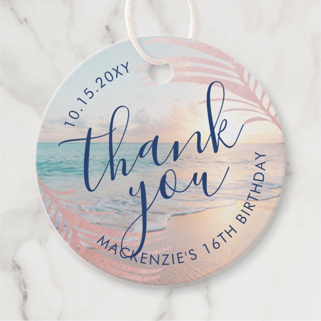 Étiquettes Cadeau Rose Gold Pink Beach Anniversaire Merci (Devant)