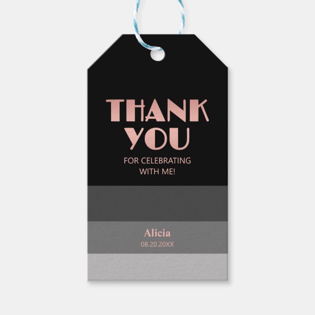 Étiquettes-cadeau Rose Gold Script Black Gris Gris Gris Merci (Devant)