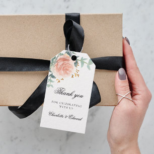 Étiquettes-cadeau rose mariage or vert fleuri merci