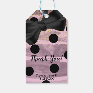 Étiquettes-cadeau Rose Noir et Or Points Polka Chic Nœud Glamour Fêt