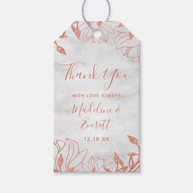 Étiquettes-cadeau Rose or Botanique Floral Gris Mariage Merci (Devant)