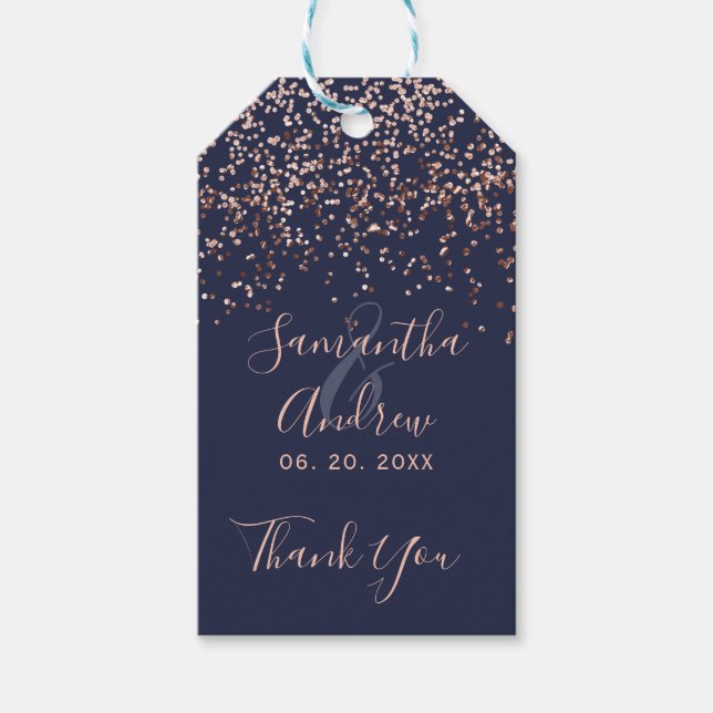 Étiquettes-cadeau Rose or confetti marine bleu script mariage faveur (Devant)