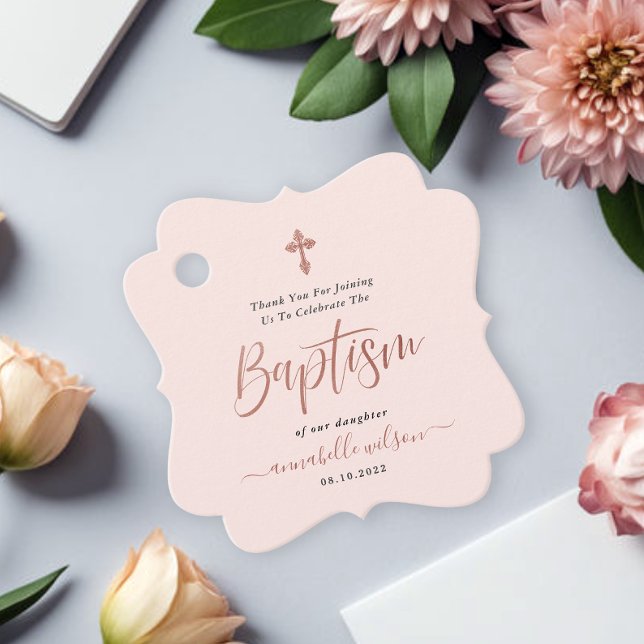 Étiquettes Cadeau Rose Or Et Rose Fille Baptême Merci (Créateur téléchargé)