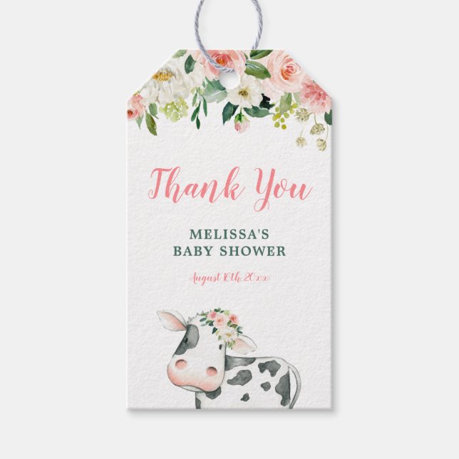 Étiquettes-cadeau Rose or floral vache fille Baby shower Merci (Devant)