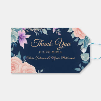 Étiquettes-cadeau Rose Pâle et Bleu Marine Floral Élégant Moderne