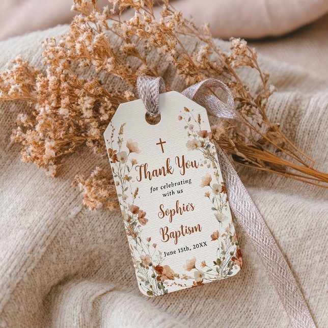 Étiquettes-cadeau Rose Poussiéreuse Rustique Fleur Sauvage Baptême M (Rustic Dusty Rose Wildflower Baptism Thank You Gift Tags)