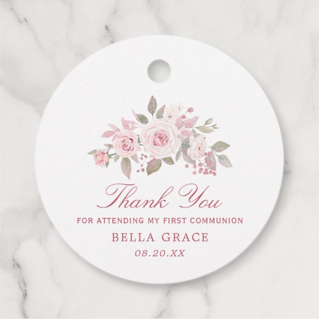 Étiquettes Cadeau Rose rose Peony Premier Merci de communion (Dos)