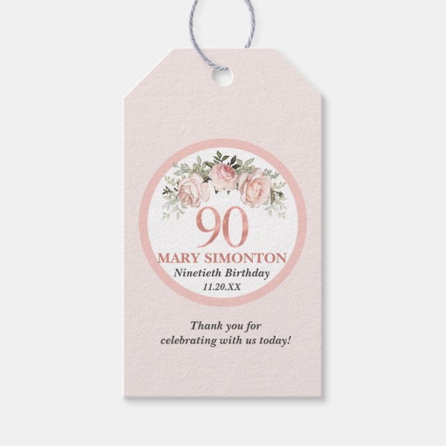 Étiquettes-cadeau Rose rose rose rose rousse rustique 90e anniversai (Devant)