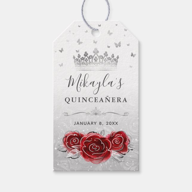 Étiquettes-cadeau Rose Rouge et Couronne d'Argent Faveur de Remercie (Devant)