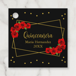 Étiquettes Cadeau Rose rouge Noir et or Quinceañera