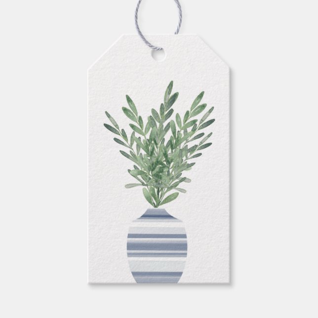 Étiquettes-cadeau Rosemaire d'aquarelle et vase rayé bleu (Devant)