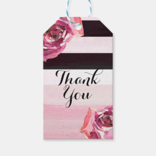 Étiquettes-cadeau Roses Aquarelle Rose Moderne Rayure Noir Blanc