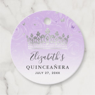 Étiquettes Cadeau Roses Argent et Lilas Clair Élégante Quinceanera