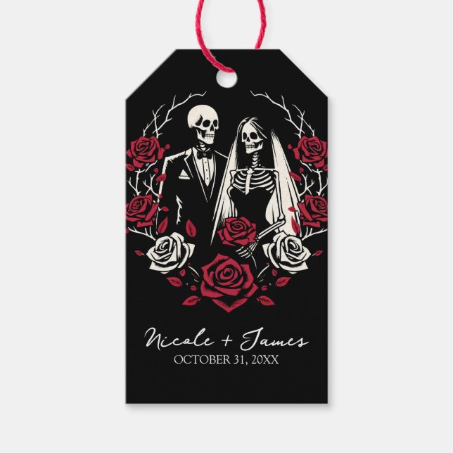 Étiquettes-cadeau Roses blanc rouge et noir squelette Mariage couple (Devant)