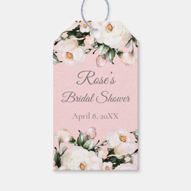Étiquettes-cadeau Roses blanches | Fête des mariées rose (Devant)