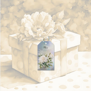 Étiquettes-cadeau Roses et plumes blanches