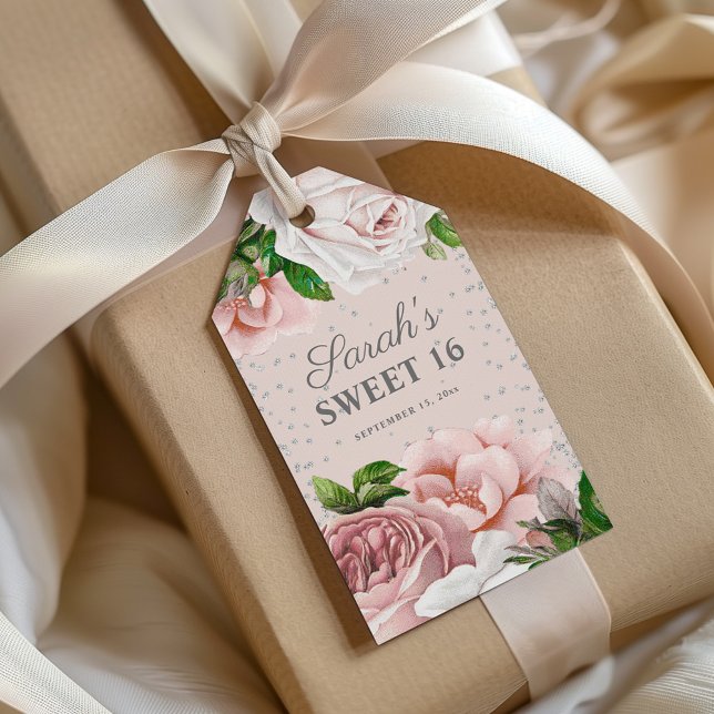 Étiquettes-cadeau Roses roses roses Florales Argent Parties scintill (Blush pink vintage floral custom Sweet 16 gift tags)