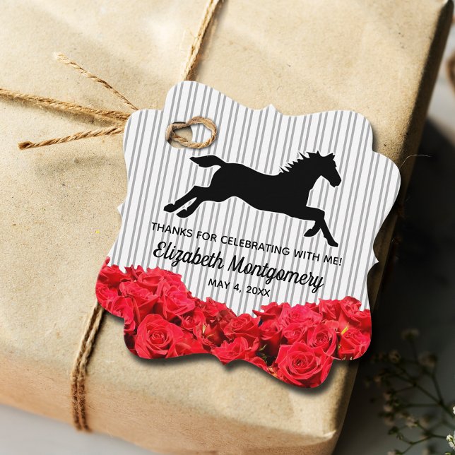Étiquettes Cadeau Roses rouges Blancs noirs Derby Race Horse (2" x 2" fancy square bridal shower favor tags - set of 12)
