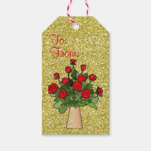 Étiquettes-cadeau Roses rouges dans Vase Gold Faux Parties scintilla