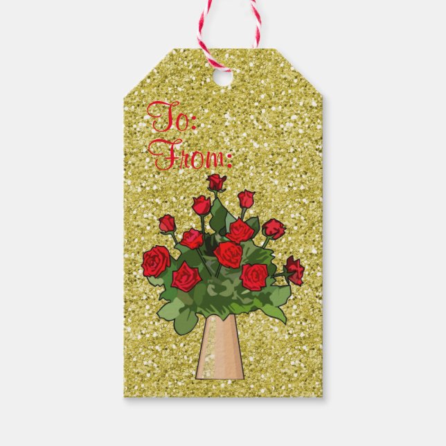 Étiquettes-cadeau Roses rouges dans Vase Gold Faux Parties scintilla (Devant)