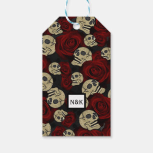 Étiquettes-cadeau Roses rouges et crânes gris noir floral gothique
